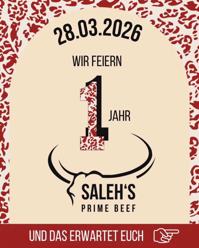 !1 JAHR SALEHS PRIME BEEF!

Am 28.03.2026 feiern wir unser 1-jähriges Jubiläum und sagen DANKE für euren unglaublichen Support! 🔥

Wir möchten an diesem besonderen Tag euch natürlich etwas zurückzugeben:

Unsere Classic Burger & Falafelburger inkl. Pommes bekommt ihr an diesem Tag für nur 10€! 

Außerdem starten wir gemeinsam mit @dehm.gmbh und @carwashweingarten ein fettes Gewinnspiel auf all unseren Social Media Kanälen – bleibt also unbedingt dran! 

Kommt vorbei, feiert mit uns und lasst uns gemeinsam diesen Meilenstein genießen! ❤️

Wir freuen uns auf euch!

#salehsprimebeef #jubiläum #burger #foodtruck